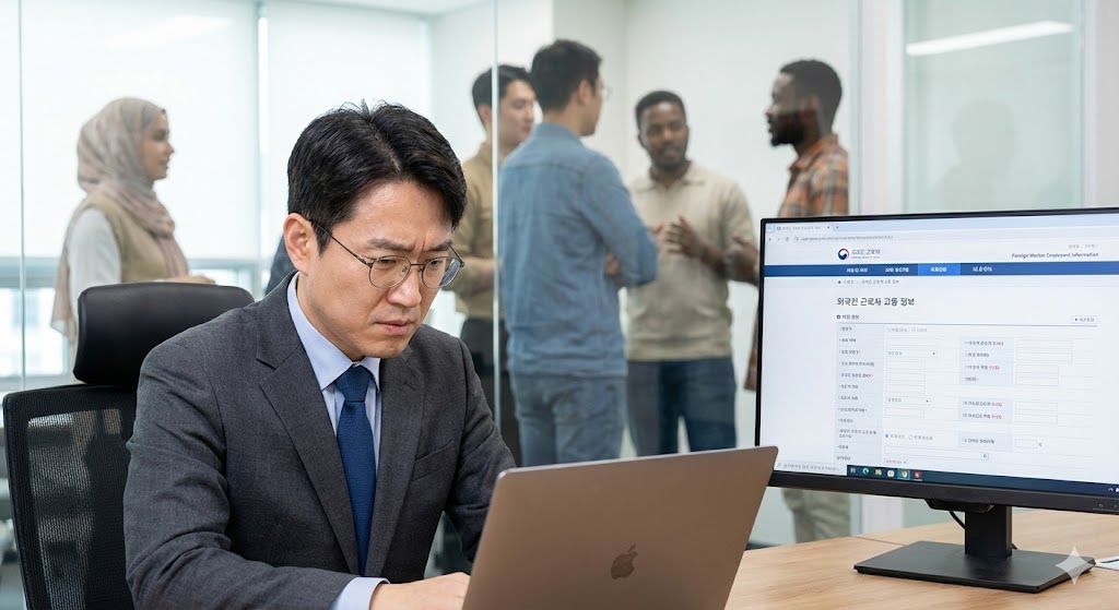 단정한 정장을 입은 한국인 사업가가 책상에 앉아 집중하는 표정으로 노트북을 보고 있습니다. 화면에는 한국어와 영어로 된 "외국인 근로자 고용 정보" 양식이 보입니다. 배경에는 동남아시아, 중앙아시아 등 다양한 출신의 외국인 근로자들이 은은하게 흐릿하게 처리되어 글로벌 인력을 상징합니다. 이 장면은 효율성과 간소화된 디지털 처리 방식을 보여줍니다.