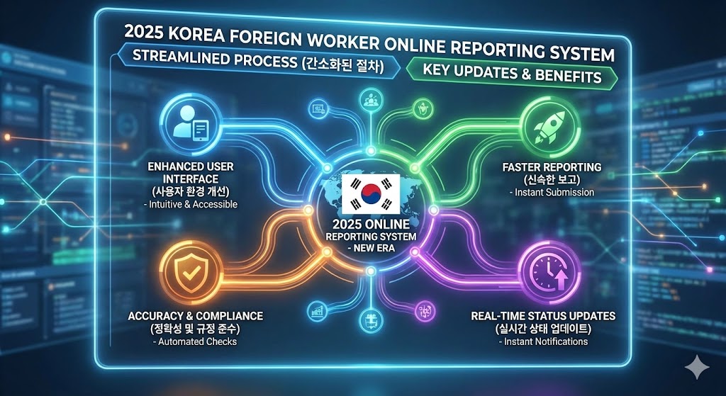 2025년 외국인 근로자 온라인 신고 시스템의 주요 변경 사항과 이점을 보여주는 생동감 넘치는 현대적인 인포그래픽입니다. 아이콘은 사용 편의성, 속도, 정확성 및 규정 준수를 나타냅니다. 텍스트 요소는 "간소화된 프로세스", "향상된 사용자 인터페이스" 및 "실시간 상태 업데이트"를 강조합니다. 전체적인 디자인은 깔끔하고 전문적이며 이해하기 쉽습니다.