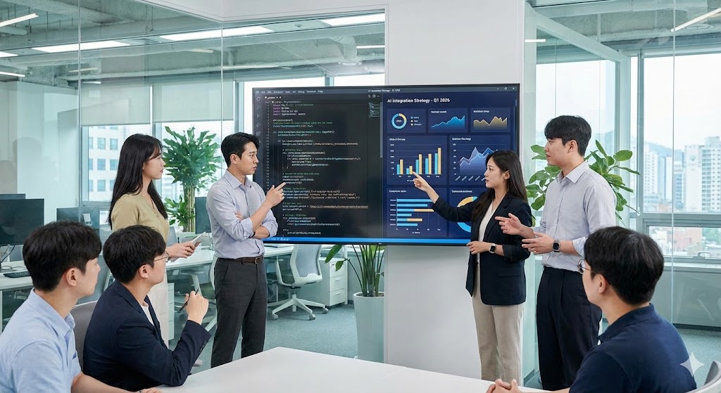현대적인 사무실에서 다양한 배경을 가진 한국인 개발자와 사업 전략가들이 대형 스크린에 표시된 코드와 비즈니스 지표를 중심으로 협업하고 있습니다. 그들은 화면을 가리키며 활발하게 토론하고 AI 통합을 위한 전략적 계획을 수립하고 있습니다.