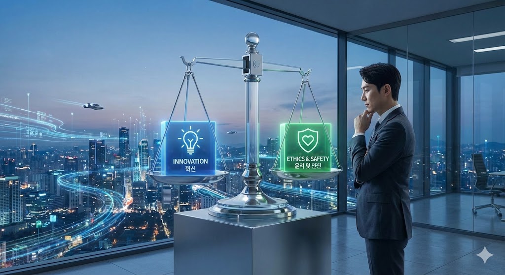 한쪽에는 '혁신', 다른 한쪽에는 '윤리 및 안전'이 완벽하게 균형을 이루고 있는 저울의 콘셉트 이미지가 제시됩니다. 배경에는 데이터가 흐르는 디지털 도시 풍경이 펼쳐지며 AI의 미래를 상징합니다. 한 한국인이 저울의 균형을 바라보고 있습니다.