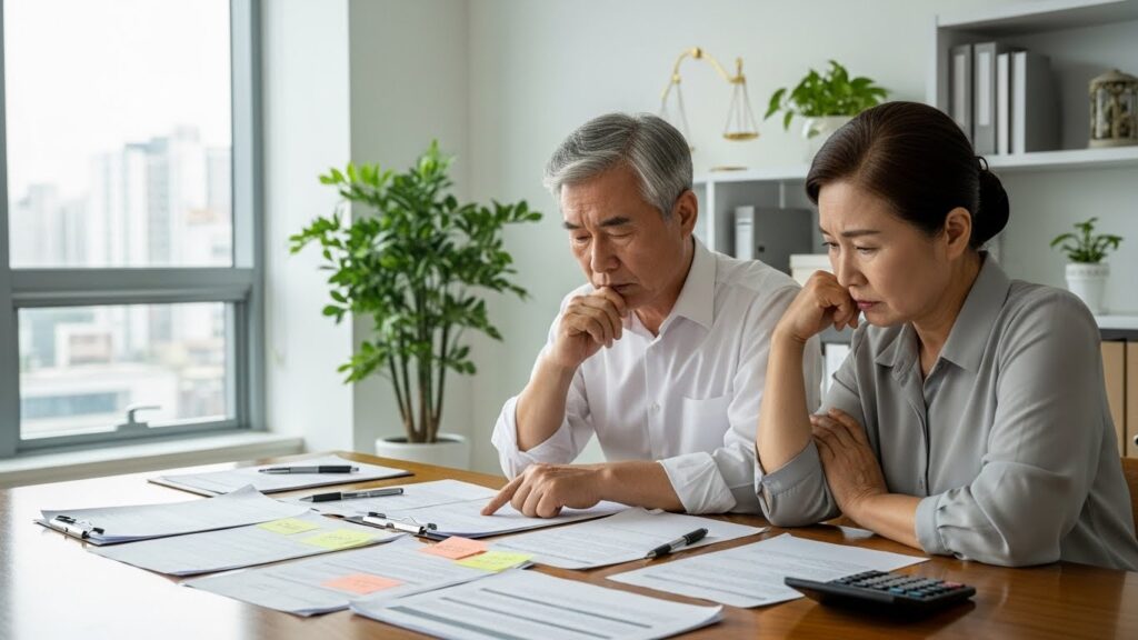 노년 한국인 부부가 테이블 위의 법률 문서를 생각에 잠긴 듯 바라보고 있습니다. 걱정스러운 표정은 회색 이혼의 감정적, 재정적 복잡성을 상징합니다. 배경은 현대적이고 깔끔한 사무실입니다.