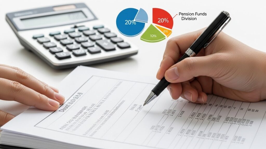 이혼 서류 위에 펜을 든 두 한국인 손을 클로즈업한 사진입니다. 배경에는 계산기와 분할된 연금 기금을 단순화한 그래픽이 있어 연금 분할의 세부적인 과정을 보여줍니다.