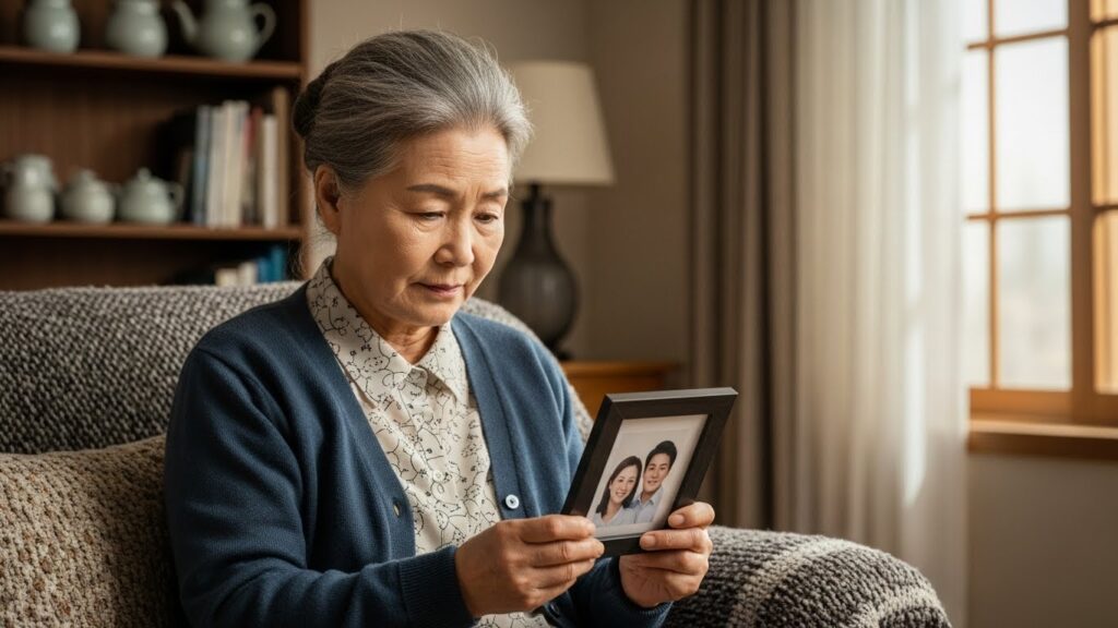 혼자 앉아 액자 사진을 부드럽게 들고 있는 노년 한국인 여성의 고요하지만 약간 우울한 표정은 상실과 미래의 재정적 안정에 대한 고민을 암시합니다. 배경은 아늑한 가정입니다.