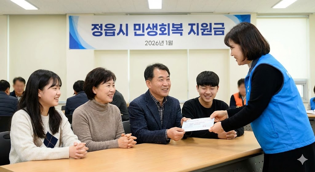 정읍의 한 지역 센터에서 따뜻한 미소를 지으며 지원금을 받는 한국 가족의 모습입니다. 배경에는 "정읍 생활 회복 지원 기금"과 "2026년 1월"이라는 날짜가 적힌 현수막이 걸려 있습니다. 이 장면은 안도감과 희망을 전달합니다.