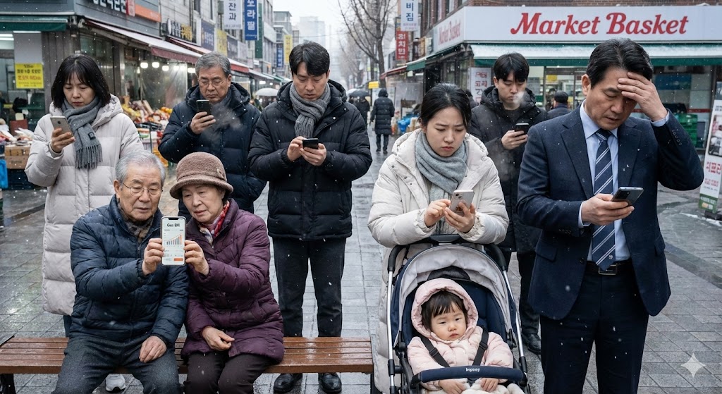 다양한 배경을 가진 한국 시민들(젊은이, 노인, 가족)이 스마트폰으로 전기세, 가스비, 식료품 가격을 확인하며 걱정스러운 표정을 짓고 있습니다. 쌀쌀한 겨울날씨를 배경으로 한 이 장면은 전반적으로 경제적 어려움을 보여줍니다.