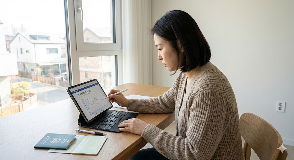30대 한국 여성이 책상에 앉아 태블릿이나 컴퓨터로 신청서를 꼼꼼히 작성하고 있습니다. 옆에는 서류와 펜이 놓여 있습니다. 깔끔하고 밝은 배경은 신청 절차가 간편해 보임을 시사합니다.