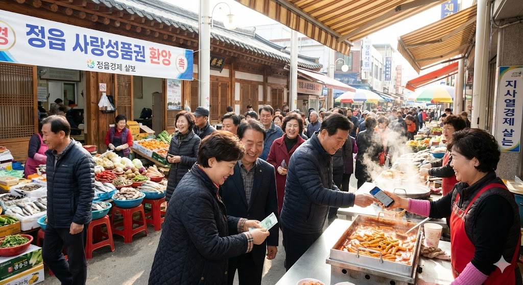 한국 정읍의 활기 넘치는 전통 시장입니다. 사람들이 즐겁게 쇼핑하고 상인들과 이야기를 나누고 있습니다. 현지 화폐나 디지털 결제가 사용되고 있습니다. 생동감 넘치는 경제 활동은 지원 기금의 긍정적인 효과를 보여줍니다.