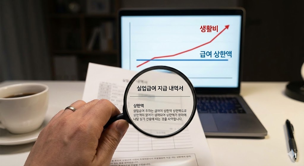 한국인의 손이 돋보기로 실업급여 관련 서류를 자세히 살펴보고 있다. 배경에는 생활비 상승 추세와 실업급여 상한선 변동을 보여주는 그래프가 있다. 전체적으로 분석적이고 우려스러운 분위기다.