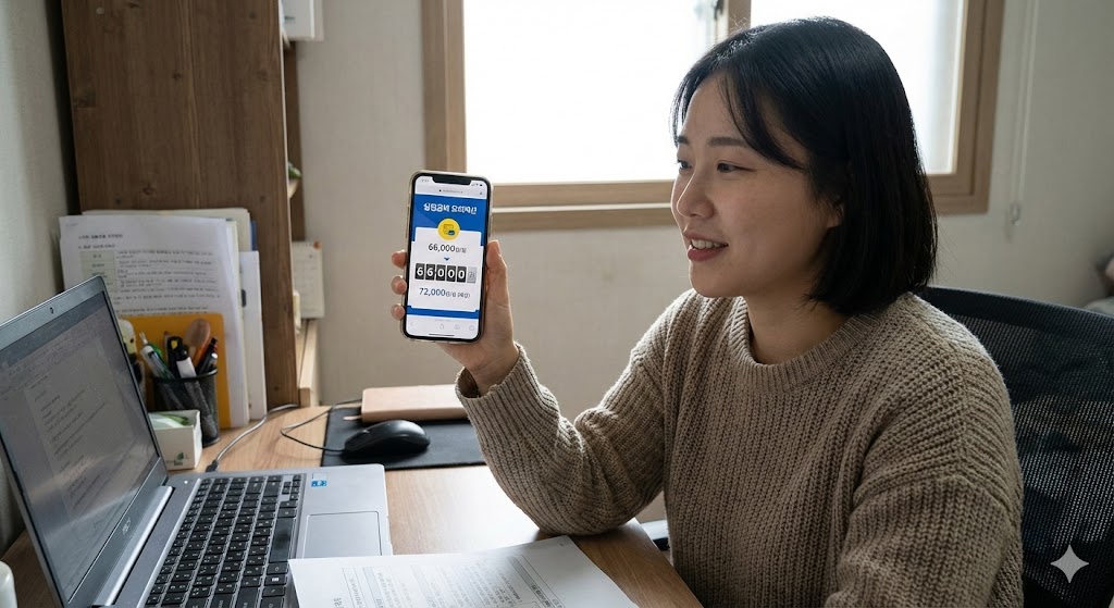 한국인이 책상에 앉아 스마트폰으로 새로운 실업급여 계산 모형을 보고 있다. 금액이 66,000에서 더 높은 금액으로 바뀌는 것을 볼 수 있다. 그는 희망에 찬 표정이다.