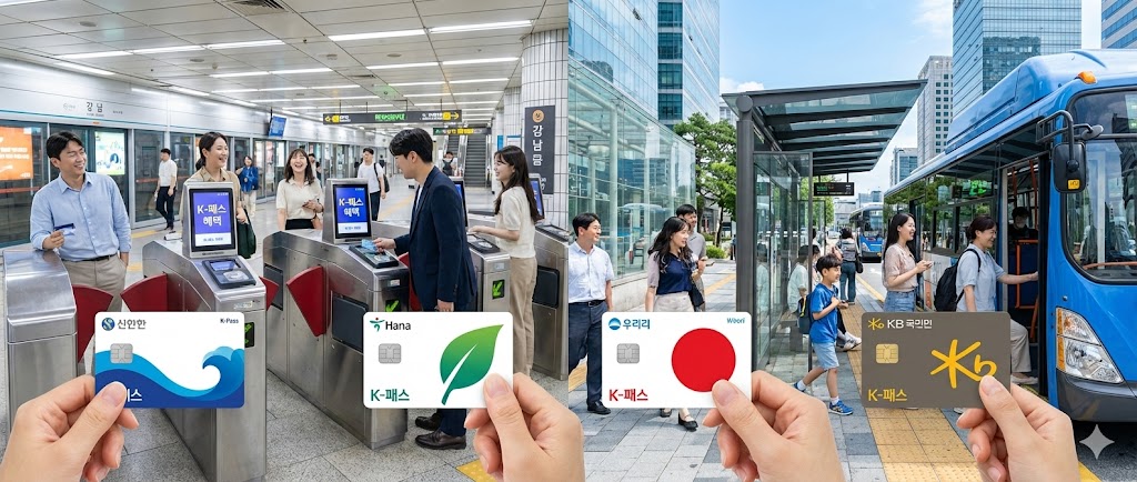 K-패스의 다양한 카드 디자인(신한, 하나, 우리, KB국민 등 주요 카드사 로고가 명확하게 보이는)과 함께, 한국인들이 서울 시내 지하철역과 버스 정류장에서 활기차게 대중교통을 이용하는 모습을 담은 파노라마 이미지. 전반적으로 깨끗하고 현대적인 느낌을 강조합니다.