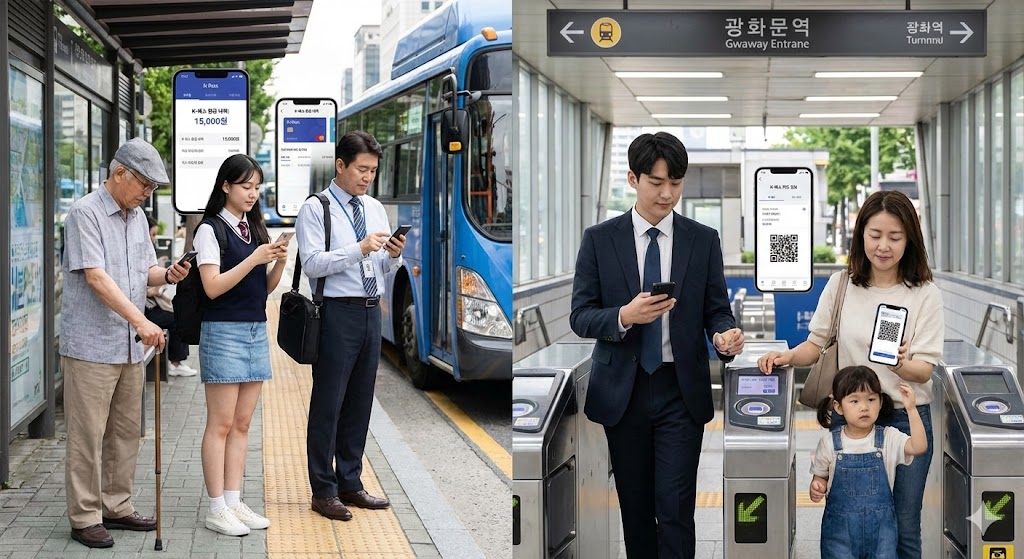다양한 연령대(학생, 직장인, 어르신 등)의 한국인들이 스마트폰으로 K-패스 앱 화면을 확인하며, 버스 정류장이나 지하철 입구에서 대중교통을 이용하기 위해 기다리는 모습. 화면에는 환급 내역이나 카드 정보가 표시되어 있습니다.