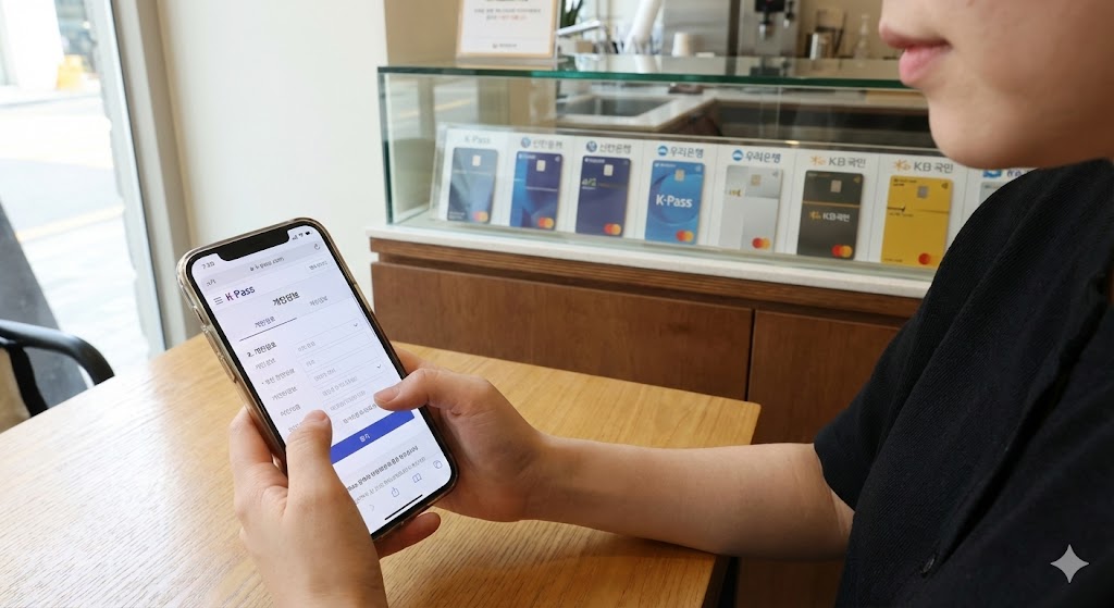 한국인이 스마트폰으로 K-패스 공식 웹사이트 또는 앱에 접속하여 개인 정보를 입력하고 카드를 신청하는 과정을 보여주는 모습. 배경에는 다양한 카드사의 K-패스 실물 카드들이 깔끔하게 진열되어 있습니다.