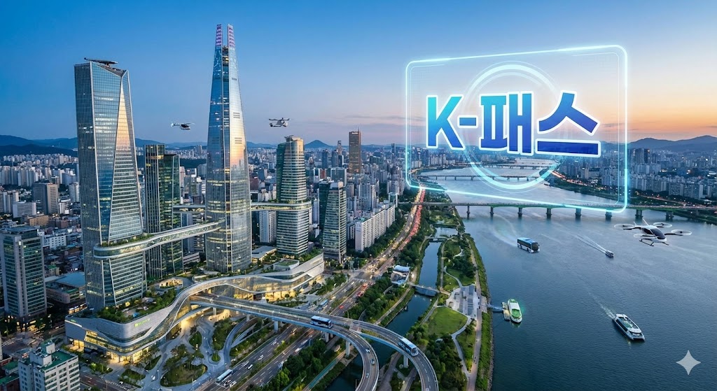 서울의 미래지향적인 도시 전경과 스카이라인. 고층 빌딩과 함께 스마트 교통 시스템(예: 자율주행 버스, 도심 항공 모빌리티)이 조화롭게 어우러져 있고, 그 위에 K-패스 로고가 디지털 형태로 부드럽게 오버레이되어 있습니다. 전반적으로 깨끗하고 혁신적인 분위기를 연출합니다.