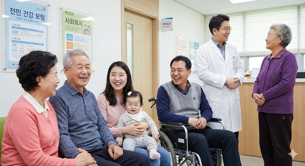 다양한 연령과 배경을 가진 한국인들이 미소 짓고 있는 모습은 의료 및 사회복지 혜택에 대한 접근성 확대를 나타냅니다. 배경에는 한 가정의가 환자와 대화를 나누고 있습니다.