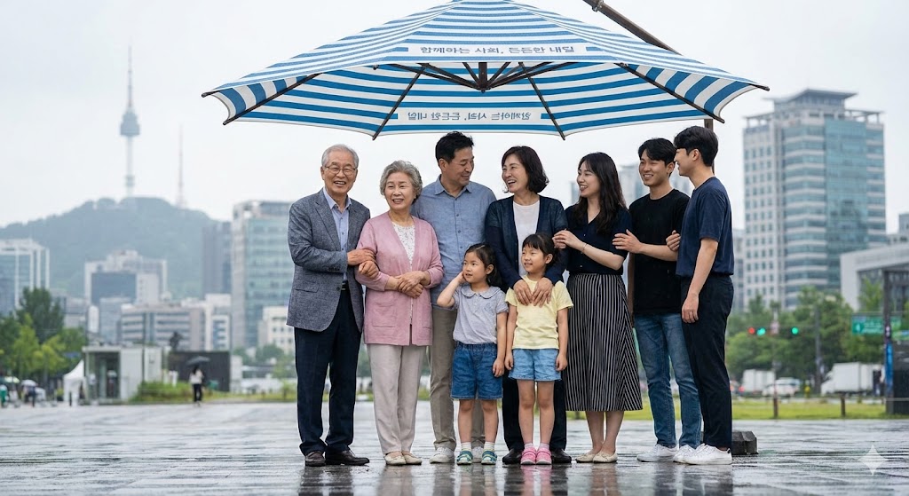 다양한 세대의 한국 시민들이 우산 아래 하나로 뭉쳐 서 있는 모습은 강화된 사회 안전망과 포용적인 복지를 상징합니다. 배경에는 도시의 스카이라인이 보입니다.