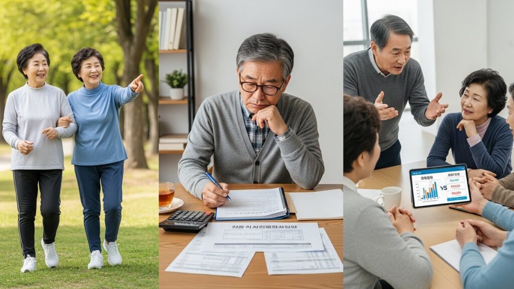 다양한 표정의 한국 노인들이 모여 있습니다. 일부는 행복하고 활동적인 모습이며, 다른 일부는 재정 서류를 꼼꼼히 살펴보고 있습니다. 이는 연금 조기 수령과 연금 수령 연기를 둘러싼 다양한 상황과 선택지를 보여줍니다.