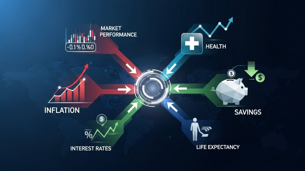 연금 결정에 영향을 미치는 다양한 요소들을 묘사한 역동적인 인포그래픽입니다. 물가 상승 그래프, 건강 의료 기호, 저축 저금통 등 모든 요소가 중심 결정 지점을 가리키는 화살표로 연결되어 있습니다. 시각적 요소는 미래지향적이고 깔끔한 디자인을 유지해야 합니다.