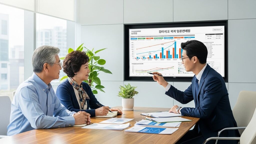 현대적인 사무실에서 한국인 재무 설계사가 세심한 한국 노인 부부에게 복잡한 차트와 서류를 설명하며, 맞춤형 연금 계획과 전문적인 안내를 제공하고 있습니다.