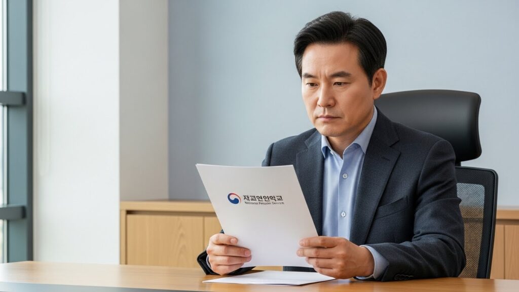 40대 중반의 한 한국인이 국민연금공단 문서를 생각에 잠긴 듯 바라보고 있다. 배경에는 물음표가 은은하게 그려져 있어 연금에 대한 의사결정을 하고 있다는 느낌을 준다. 색상 팔레트는 전문적이면서도 차분하다.