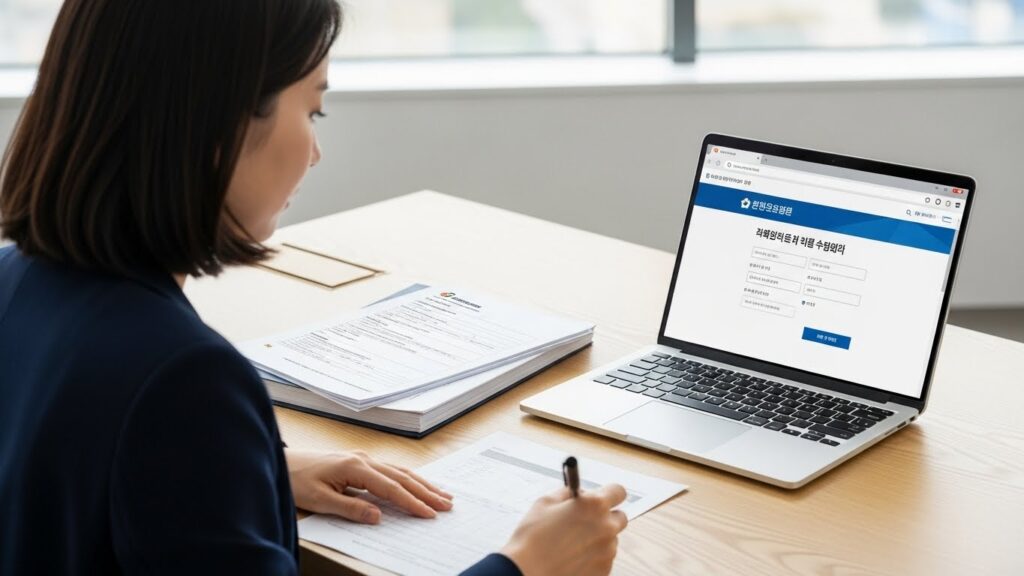 30대 한국 여성이 깨끗한 책상에 앉아 노트북으로 온라인 정부 포털을 열고, 손에는 펜을 들고 있다. 그 옆에는 연금 환급 제도 신청 절차를 설명하는 몇 가지 서류가 깔끔하게 정리되어 있다. 전체적인 분위기는 효율적이고 현대적이다.