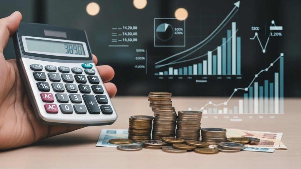 화면에는 금융 차트와 그래프가 표시되어 있고, 동전과 지폐 더미 위에 계산기를 든 한국인의 손이 놓여 있다. 이는 금융 수익과 연금 혜택 분석을 상징한다. 이 이미지는 계산과 투자를 표현해야 한다.