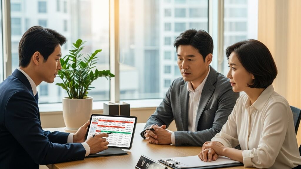한국인 재무 설계사가 태블릿에 표시된 복잡한 연금 수치표를 가리키며 세심한 한국인 부부에게 여러 가지 옵션을 설명하고 있다. 전문적인 사무실 분위기를 연출하며, 신중한 금융 계획과 전문가의 조언을 제공한다.