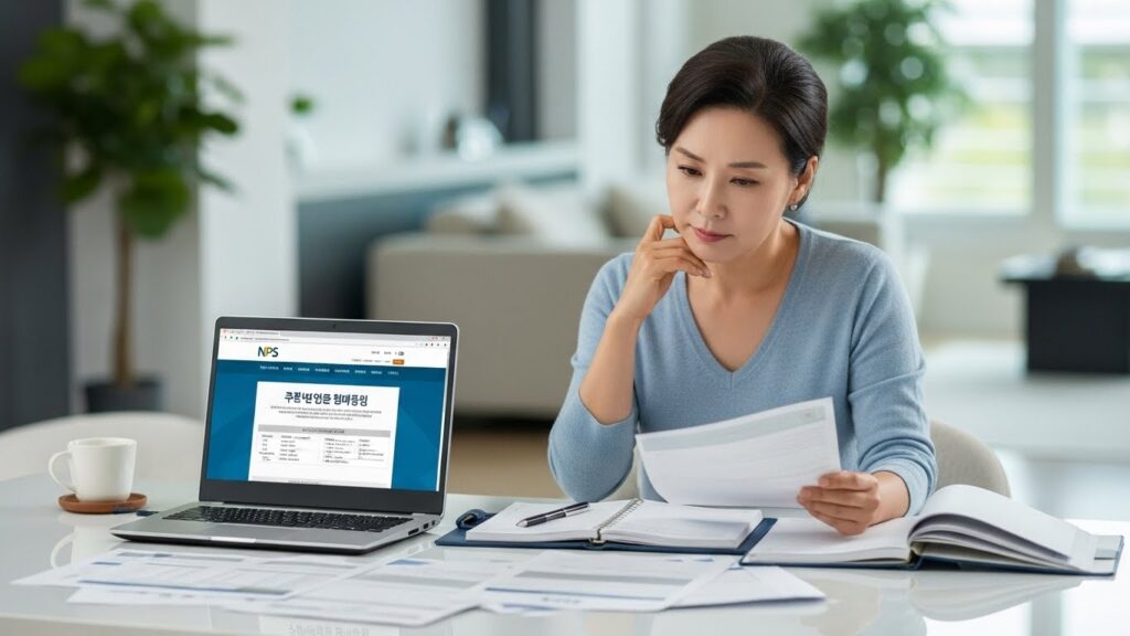 40대 또는 50대의 사려 깊은 한국 여성이 현대적인 책상에 앉아 각종 연금 관련 문서와 국민연금공단 웹사이트가 표시된 노트북을 꼼꼼히 살펴보고 있습니다. 단호하면서도 사색에 잠긴 듯한 표정은 재정 계획의 시작을 암시합니다.