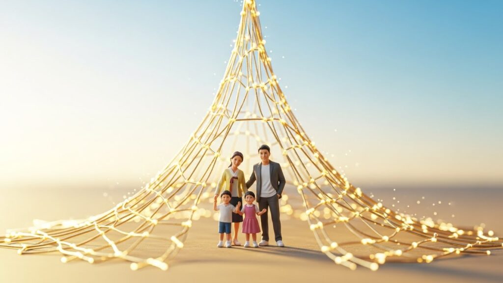 행복한 한국 가정의 미니어처 모형을 부드럽게 감싸 안고 있는 안정적이고 성장하는 재정 안전망을 보여주는 개념적 이미지입니다. 밝고 긍정적인 배경은 마음의 평화와 장기적인 안정을 암시합니다.