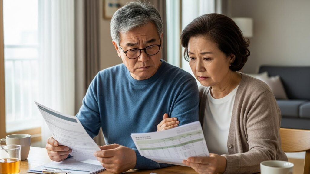 건강 보험 서류와 연금 명세서를 들고 걱정스러운 표정을 짓는 한국인 노부부. 다소 침울한 분위기는 우려를 드러낸다.