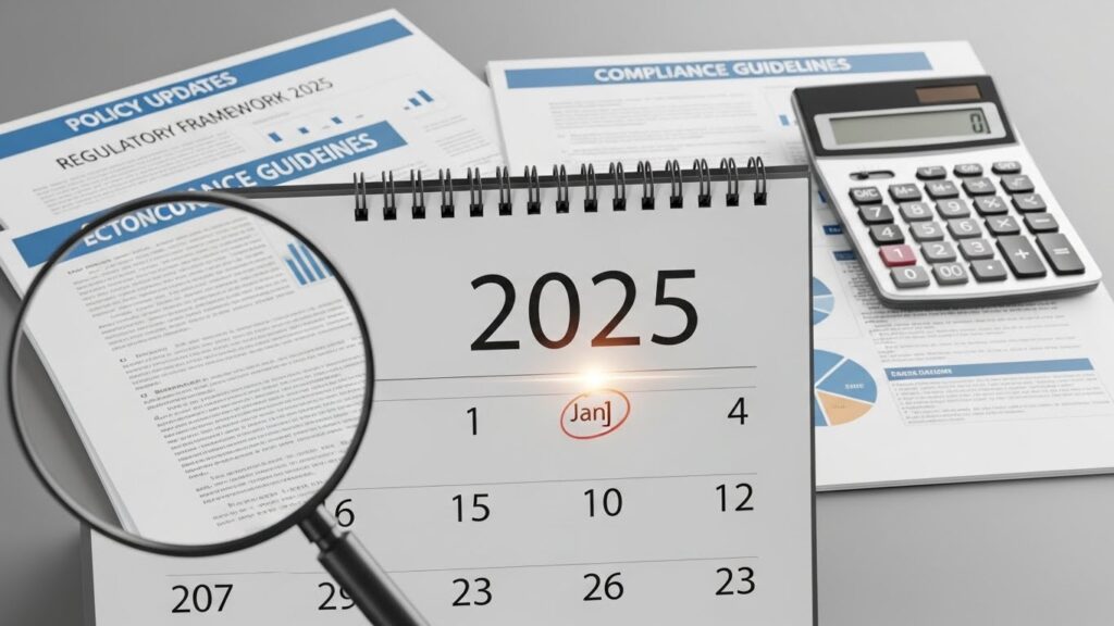 '2025'라고 표시된 달력 페이지와 공식 정책 문서, 그리고 배경에 놓인 계산기를 강조하는 돋보기는 최신 정책 업데이트를 강조하고 있다.