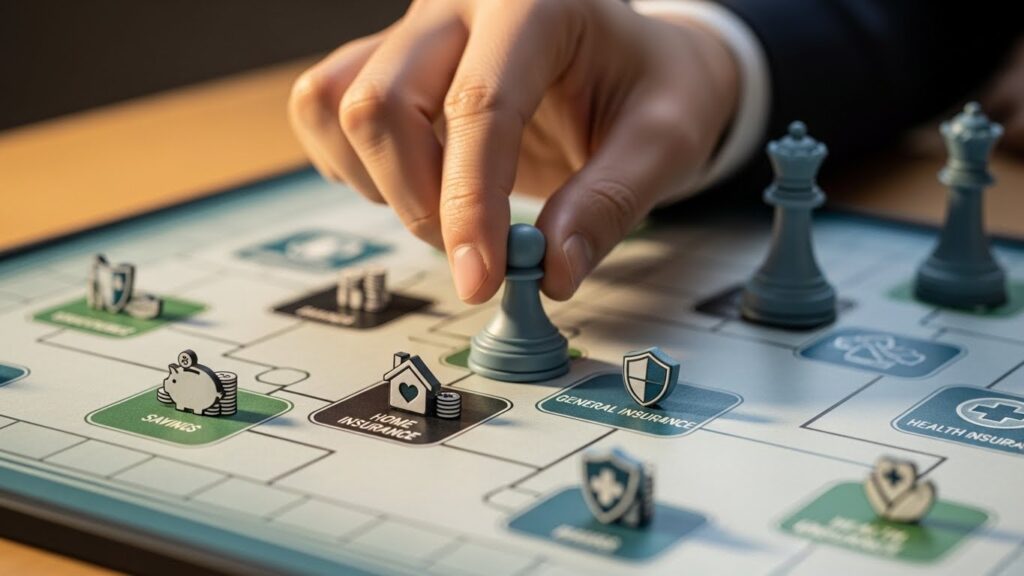 보드 위에 연금과 보험 아이콘이 그려진 전략 보드게임. 한국인의 손이 체스 말을 신중하게 움직이는 모습은 은퇴를 위한 신중한 재정 계획을 상징한다.