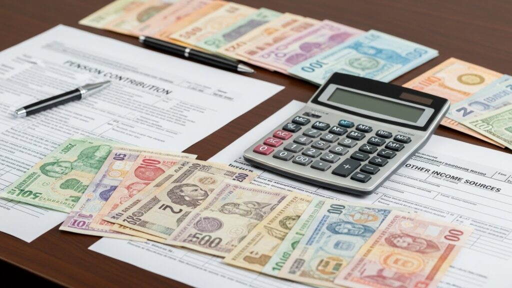 계산기, 각종 지폐, 세금 양식이 책상 위에 어지럽게 놓여 있어 연금, 세금, 기타 수입원을 포함한 종합적인 재정 계획을 상징한다. 깔끔하고 전문적인 분위기다.