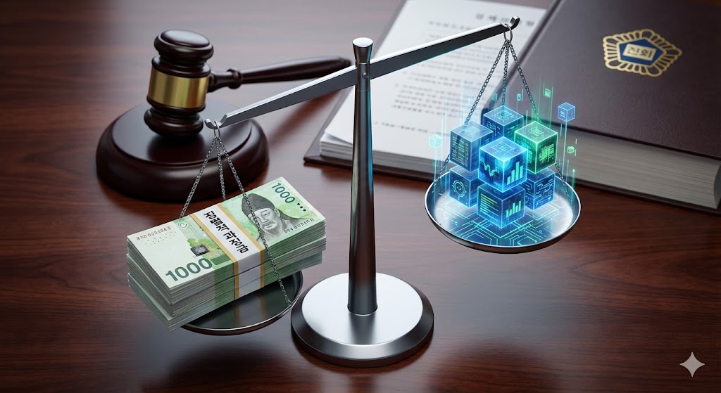 한쪽 접시에는 "징벌적 과징금"이라고 적힌 지폐 뭉치가 무겁게 쌓여 있고, 다른 쪽 접시에는 추상적인 디지털 데이터가 담겨 있는 현대적인 법정용 저울이 있습니다. 배경에는 한국 판사의 망치가 법률 문서 옆에 놓여 있어 강화된 법 집행을 상징합니다.