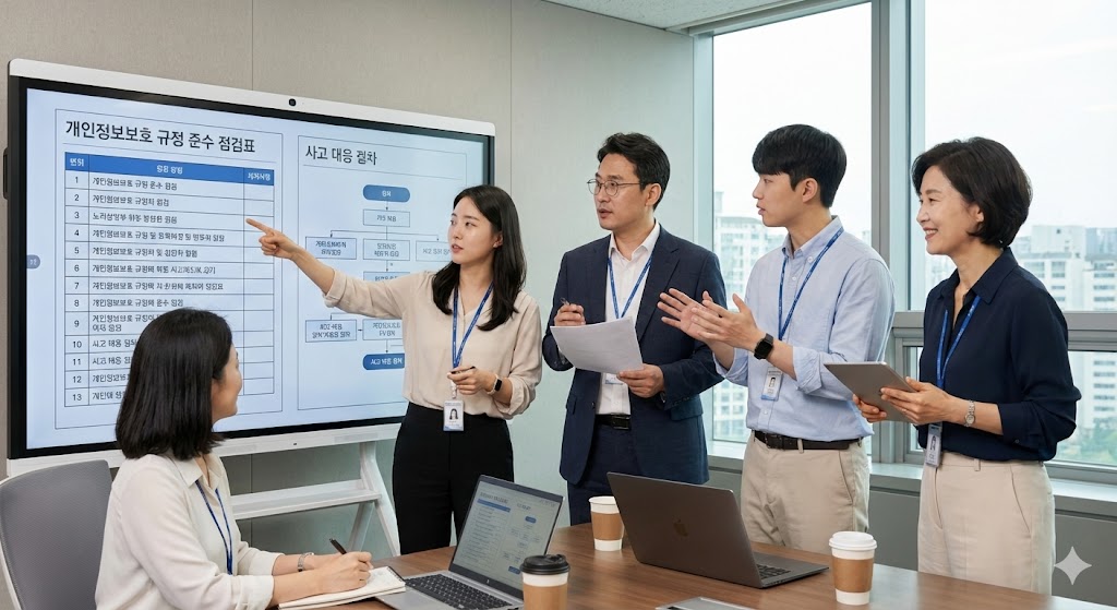 보안 분석가, 법률 전문가, IT 전문가, 인사 담당자 등 다양한 한국 전문가들로 구성된 팀이 데이터 보호 준수 체크리스트와 사고 대응 흐름도가 표시된 대형 인터랙티브 스크린 주변에 모여 활발하게 토론하고 전략을 세우고 있습니다.