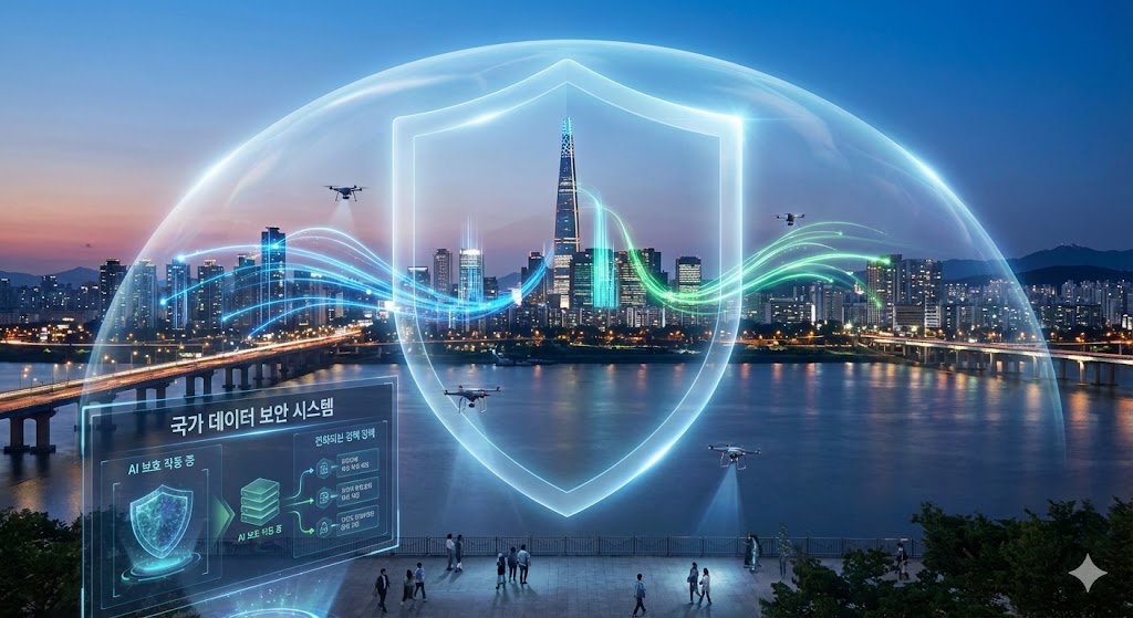해질녘 미래적인 한국 도시 풍경이 펼쳐집니다. 디지털 데이터가 빛나는 투명한 보호막에 둘러싸여 건물 사이를 안전하게 흐르고 있습니다. 인공지능 기반 보안 인터페이스가 눈에 띄며, 고도화된 데이터 보호와 정책 진화를 상징합니다.