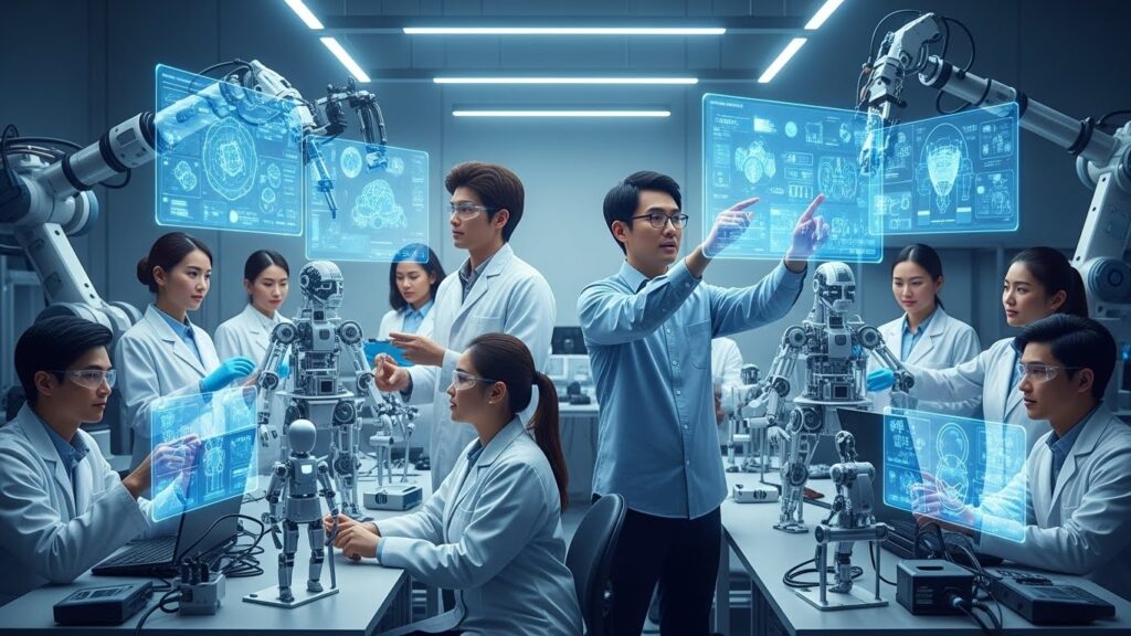 다양한 배경을 가진 과학자와 엔지니어들(그중에는 한국인도 포함)이 첨단 로봇 팔, 휴머노이드 프로토타입, 복잡한 알고리즘을 보여주는 빛나는 홀로그램 디스플레이로 가득 찬 미래형 연구실에서 협업하고 있습니다. 혁신적이고 협력적인 분위기는 새로운 산업 혁명의 여명을 상징합니다.