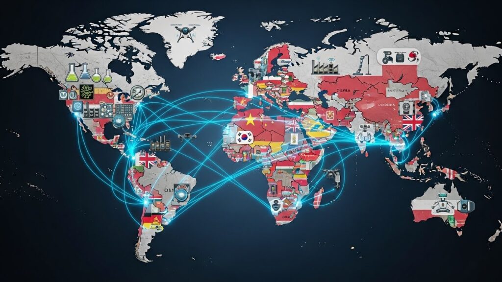 세계 지도에는 다양한 국가의 국기가 표시되어 있고, 빛나는 선들이 각 지역을 연결하여 물리적 인공지능 분야의 글로벌 경쟁을 보여줍니다. 로봇, 공장, 연구 시설을 나타내는 아이콘들이 지도 곳곳에 배치되어 각국의 전략적 초점을 강조합니다(예: 미국은 연구 개발, 중국은 제조, 일본은 서비스 로봇, 한국은 첨단 휴머노이드).