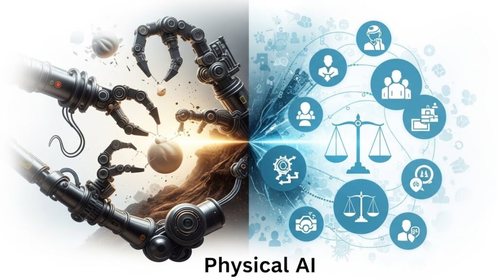 복잡한 추상 이미지는 물리적 인공지능의 도전 과제와 윤리적 딜레마를 동시에 표현합니다. 한쪽에는 정교한 로봇 메커니즘이 현실 세계의 예측 불가능성(예: 섬세한 물체 잡기, 험준한 지형 탐색)에 맞서 싸우는 모습이, 다른 한쪽에는 정의의 저울, 사람 형상, 데이터 프라이버시 아이콘과 같은 윤리적 상징들이 서로 연결되어 있습니다.