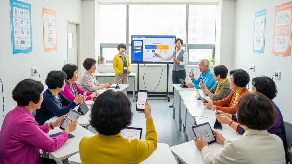 다양한 배경을 가진 한국 어르신들이 밝은 미소로 디지털 활용 교육에 적극적으로 참여하고 있습니다. 쾌활한 강사가 태블릿과 스마트폰을 활용하여 수업을 진행하고 있습니다. 밝고 현대적인 공간은 긍정적인 학습 분위기를 자아냅니다.