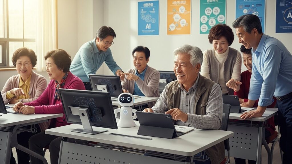 활기 넘치는 교실에서 한국 어르신들이 인터랙티브 스크린과 태블릿을 이용해 인공지능(AI)에 대해 즐겁게 배우고 있습니다. 한 어르신은 책상 위에 놓인 작고 친근한 AI 로봇과 교감하고 있습니다. 참여적이고 교육적인 분위기가 느껴집니다.