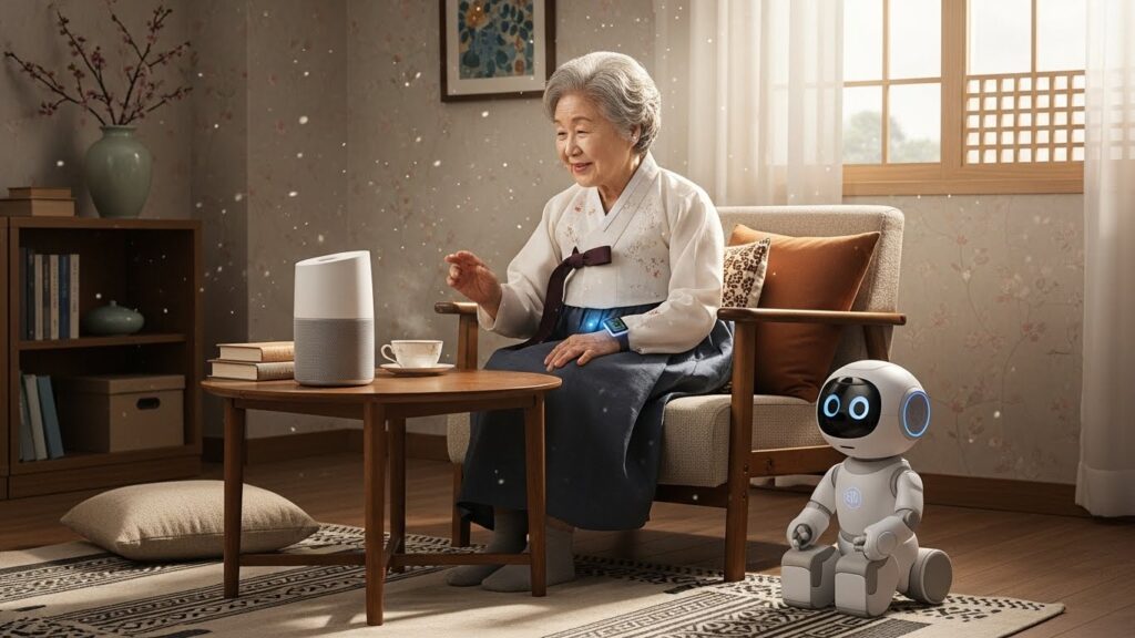 편안한 거실에서 한 할머니께서 AI 스피커와 편안하게 대화하고 계십니다. 할머니는 스마트 웨어러블 기기를 착용하고 계시며, 옆에는 다정한 로봇 친구가 있습니다. 스마트 기술로 지원되는 독립적인 생활을 보여주는 장면입니다.