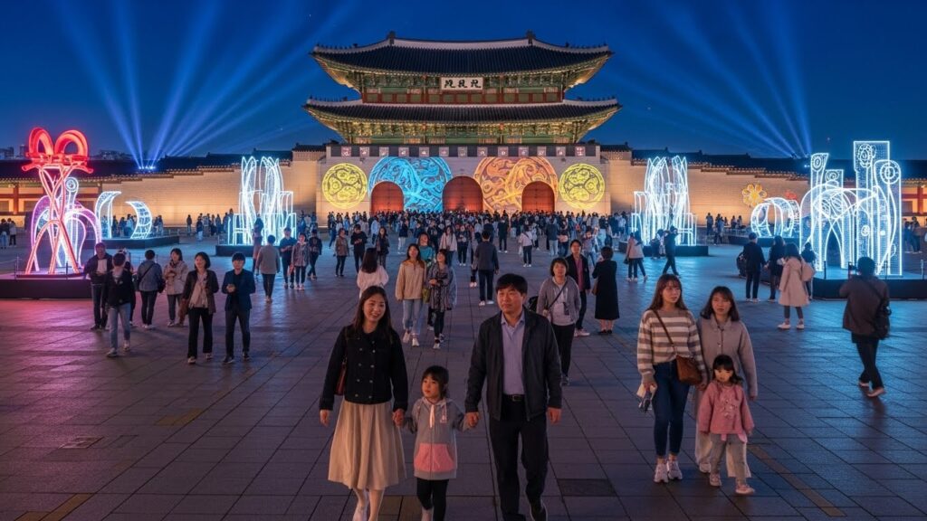 밤이 되면 활기 넘치고 북적이는 광화문 광장에는 다양한 한국 가족들과 젊은 커플들이 화려한 조명 장식을 즐기고 있습니다. 역사적인 경복궁은 프로젝션 맵핑으로 환하게 빛나고 있으며, 광장은 축제 분위기로 가득합니다.