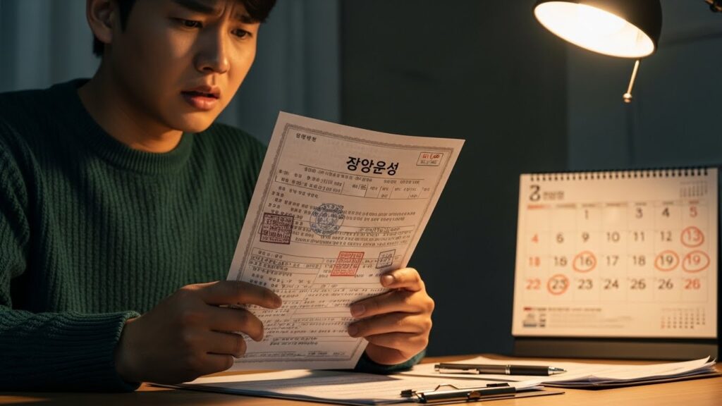 한 한국인이 스트레스 받는 표정으로 국민연금 관련 공식 문서를 들고 있다. 배경에는 다가오는 연금 납부일이 적힌 달력이 놓여 있다. 그는 책상에 앉아 여러 가지 선택지를 고민하고 있다.