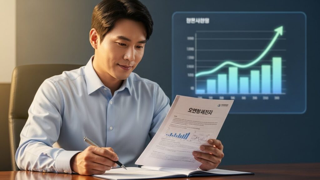 한 한국인 남성이 '실업 크레딧' 관련 문서를 주의 깊게 살펴보고 있다. 배경에는 미래의 재정적 안정을 상징하는 상승 추세를 보여주는 차트가 있다. 그는 희망에 차 있고 정보에 밝은 표정을 짓고 있다.