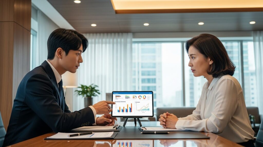 현대적이고 밝은 사무실에서 한국인 재무 설계사가 걱정하는 고객과 여러 가지 선택지를 논의하고 있다. 그들은 재무 계획 그래프가 표시된 태블릿을 보고 있다.