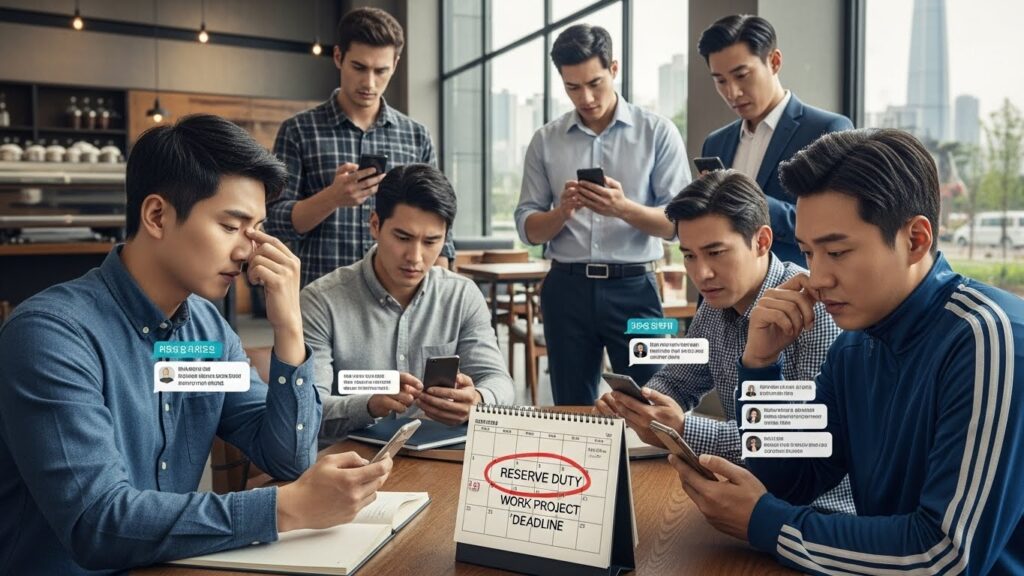 다양한 모습의 한국 남성 예비군들이 사복 차림으로 휴대전화와 달력을 보며 걱정스러운 표정을 짓고 있는 모습은 군 복무와 민간 생활의 균형을 맞추는 데 따르는 어려움을 상징적으로 보여줍니다. 배경에는 현대 도시의 모습과 날짜가 겹치는 달력이 은은하게 담겨 있습니다.