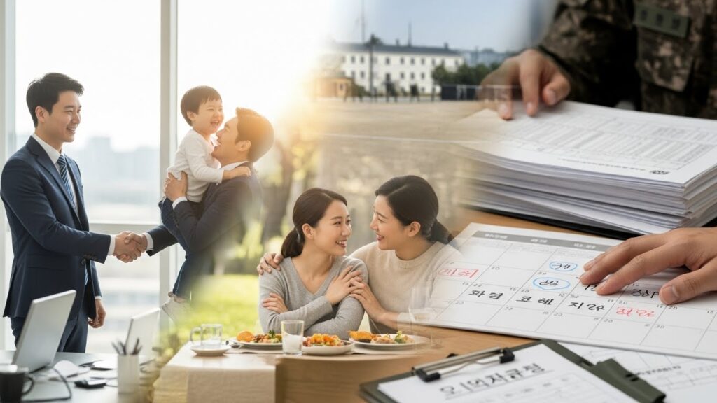 확대된 예비군 훈련 연기의 긍정적인 측면과 부정적인(또는 어려운) 측면을 균형 있게 보여주는 시각 자료입니다. 한쪽에는 자신의 경력이나 가족에 집중하는 한국 예비군들의 밝은 미소가 담겨 있고, 다른 한쪽에는 잠재적인 행정적 어려움이나 군사 준비 태세에 미칠 수 있는 영향이 은은하게 암시되어 있습니다.