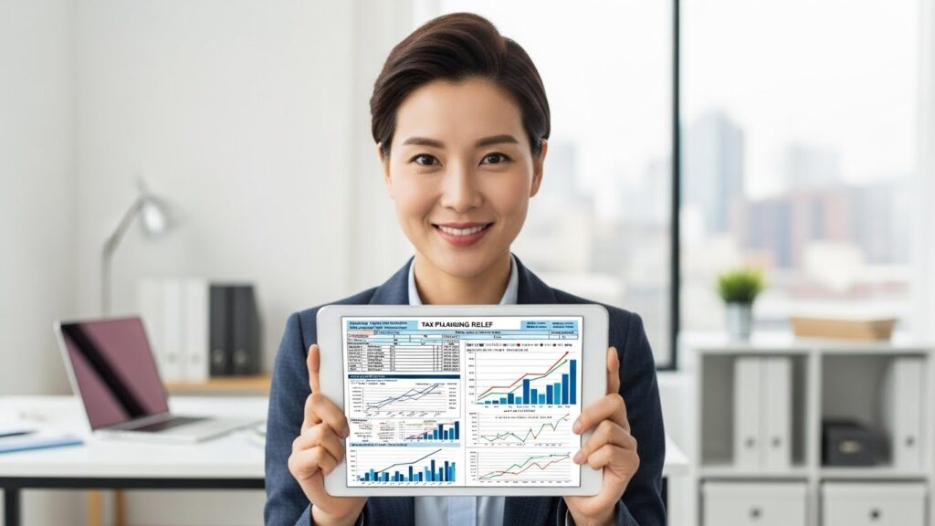 한국인(사무직 근로자)이 재무 계획 및 세무 관련 정보를 보여주는 그래프와 숫자가 적힌 세금 양식이 표시된 태블릿을 보며 자신감 넘치는 미소를 짓고 있다. 현대적인 사무실 배경의 미묘한 요소들이 엿보인다.