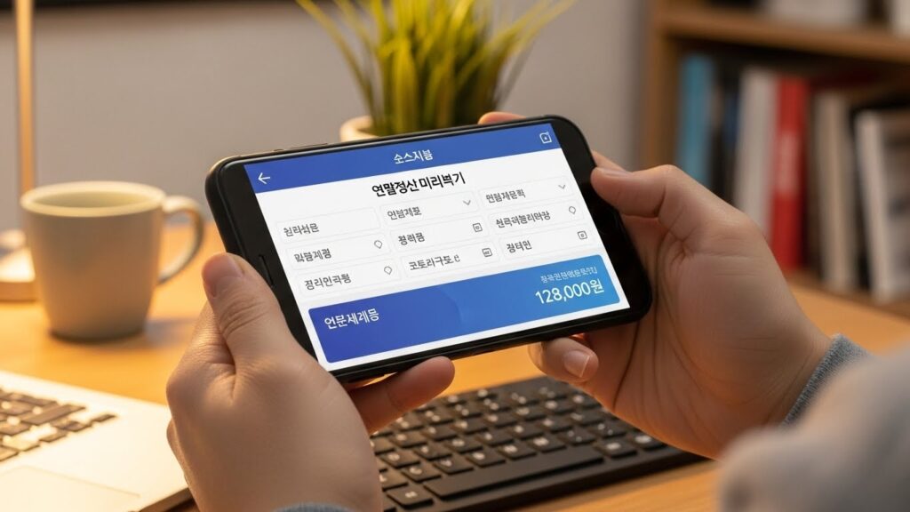 스마트폰을 든 한국인의 손에는 택시정산 미리보기 서비스 "손택스" 앱 인터페이스가 선명하게 표시되어 있습니다. 화면에는 소득 및 공제 입력란과 예상 환급액이 표시됩니다. 배경은 아늑한 홈 오피스입니다.