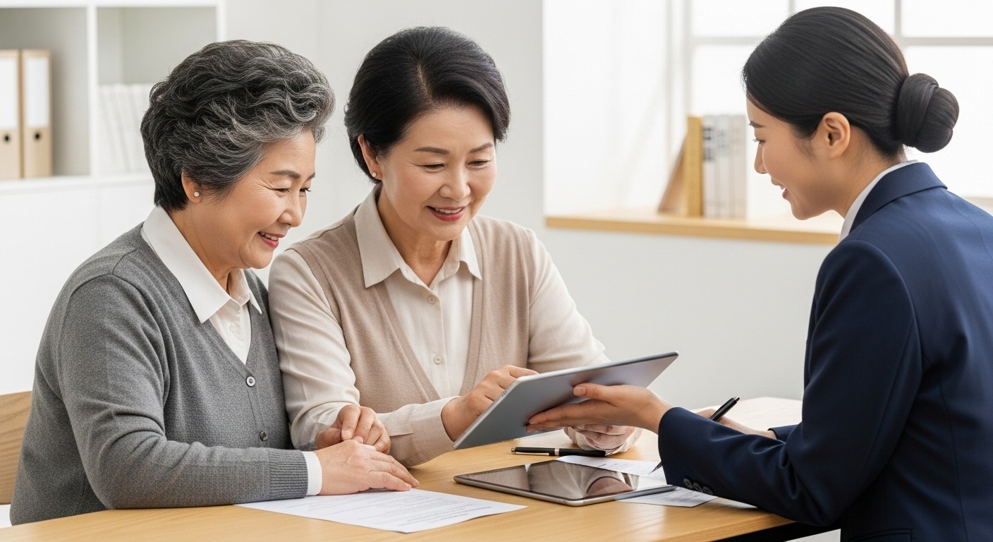기초연금 수급을 위한 자격 요건과 신청 방법 - 정부 관계자와 함께 태블릿으로 신청 서류를 확인하는 한국인 노부부